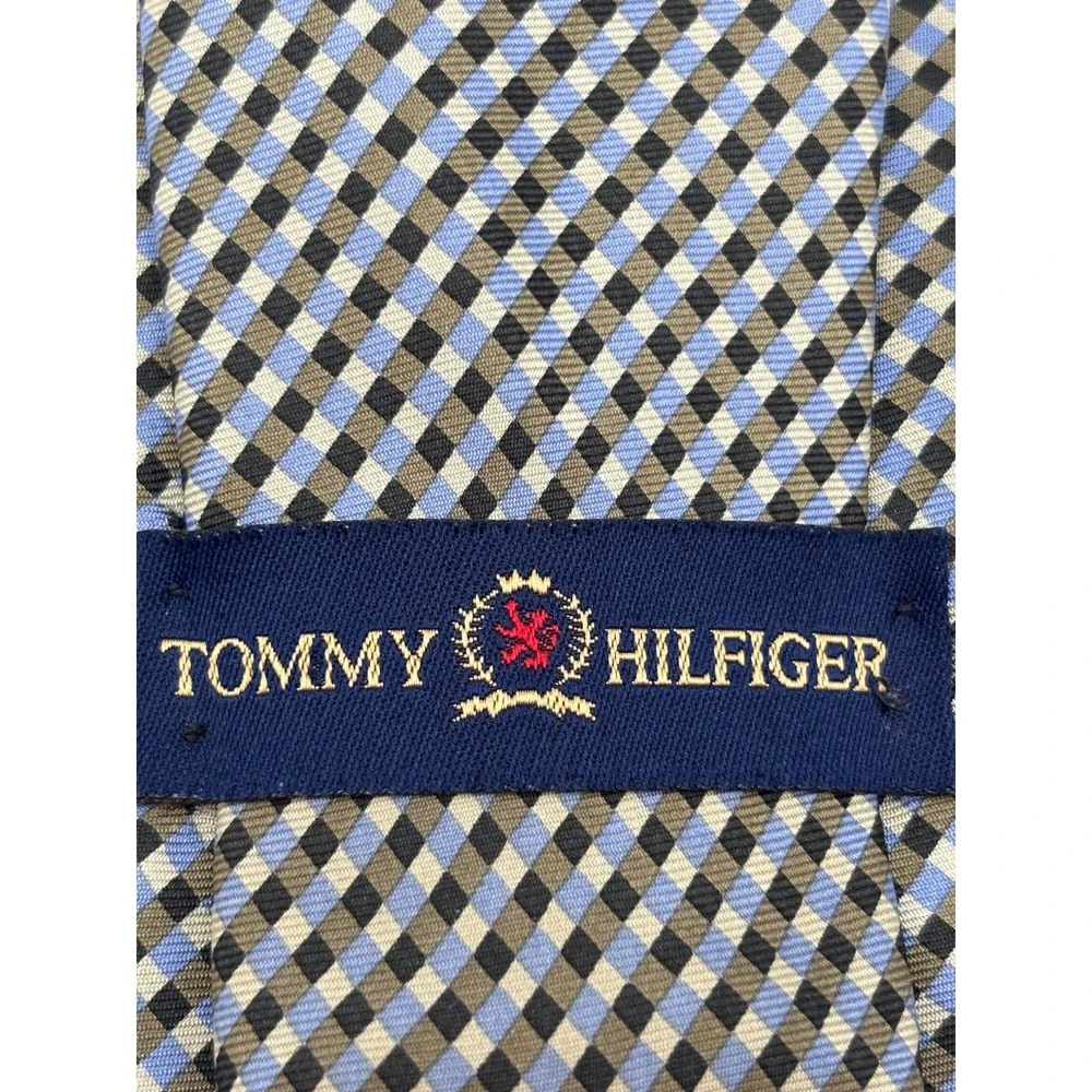 Tommy Hilfiger Mens Silk Tie Blue Gold Black Checkered Made in USA WPL 2831